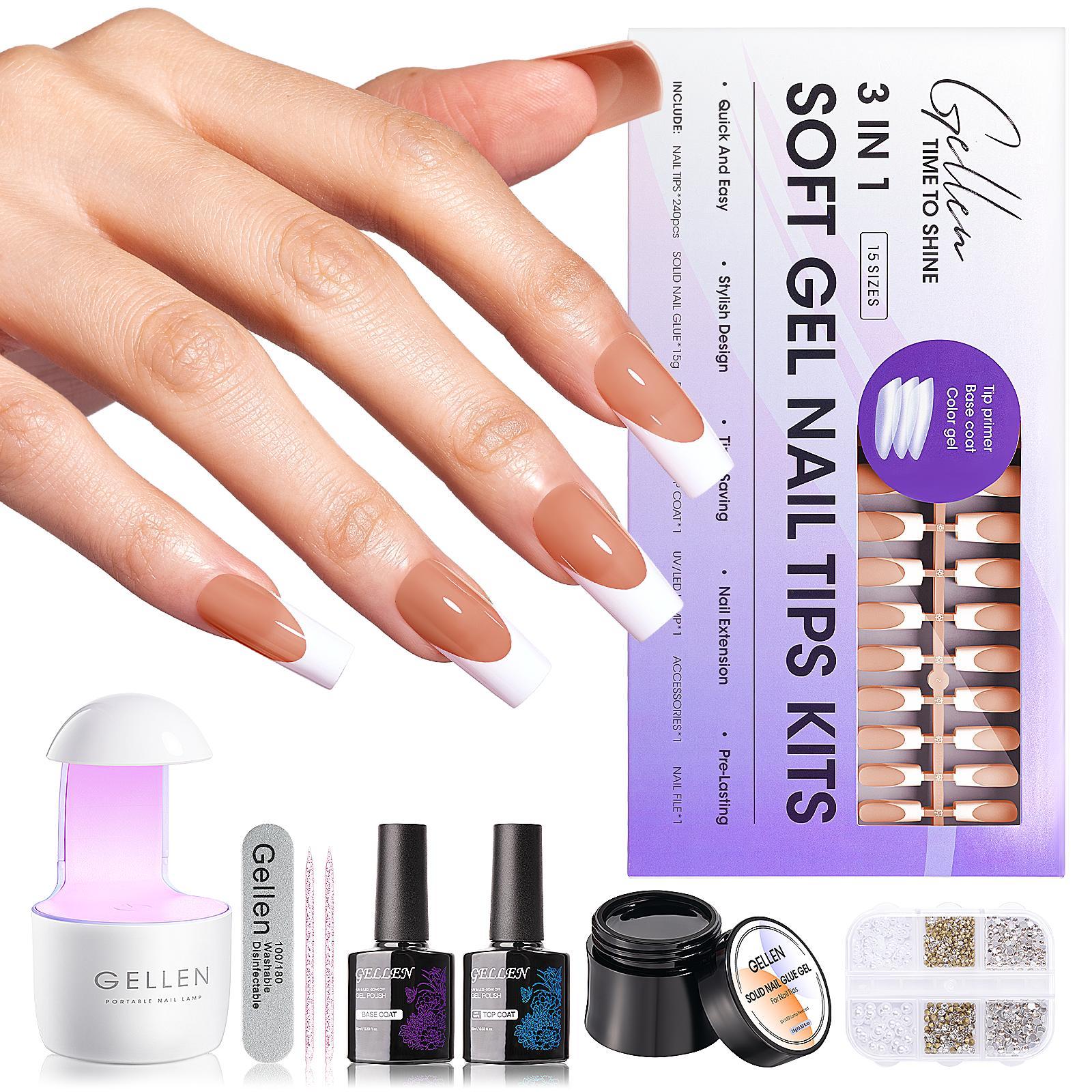 Gellen Complete French Tip Nail Kit – 240pcs, Gel top coat & base coat, UV lamp, Solid Nail Glue Nailartkits Polishset