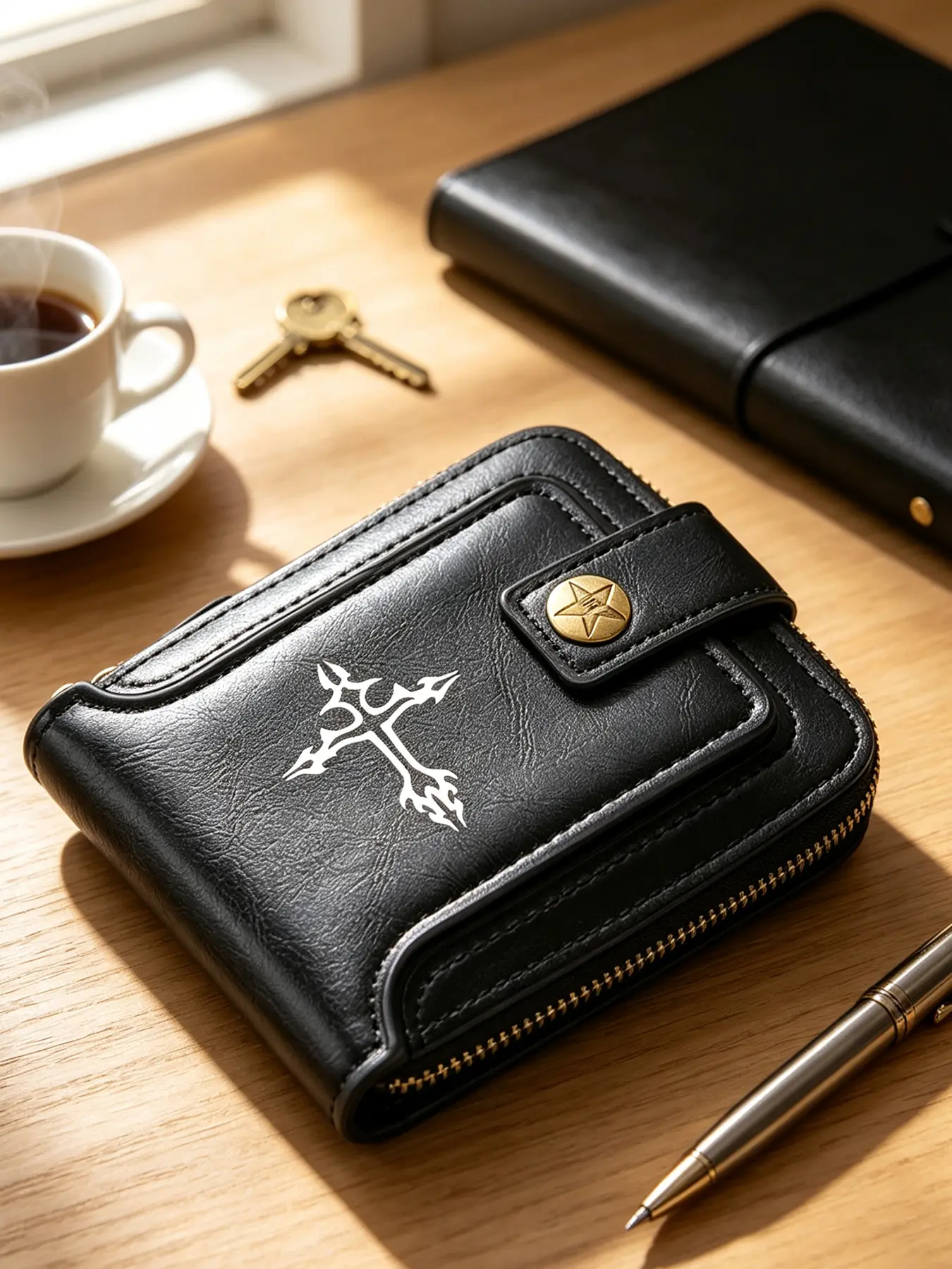Men's Cross Print PU Wallet, large capacity with multiple card slots. Fashionable and compact for daily use, an excellent gift option.
