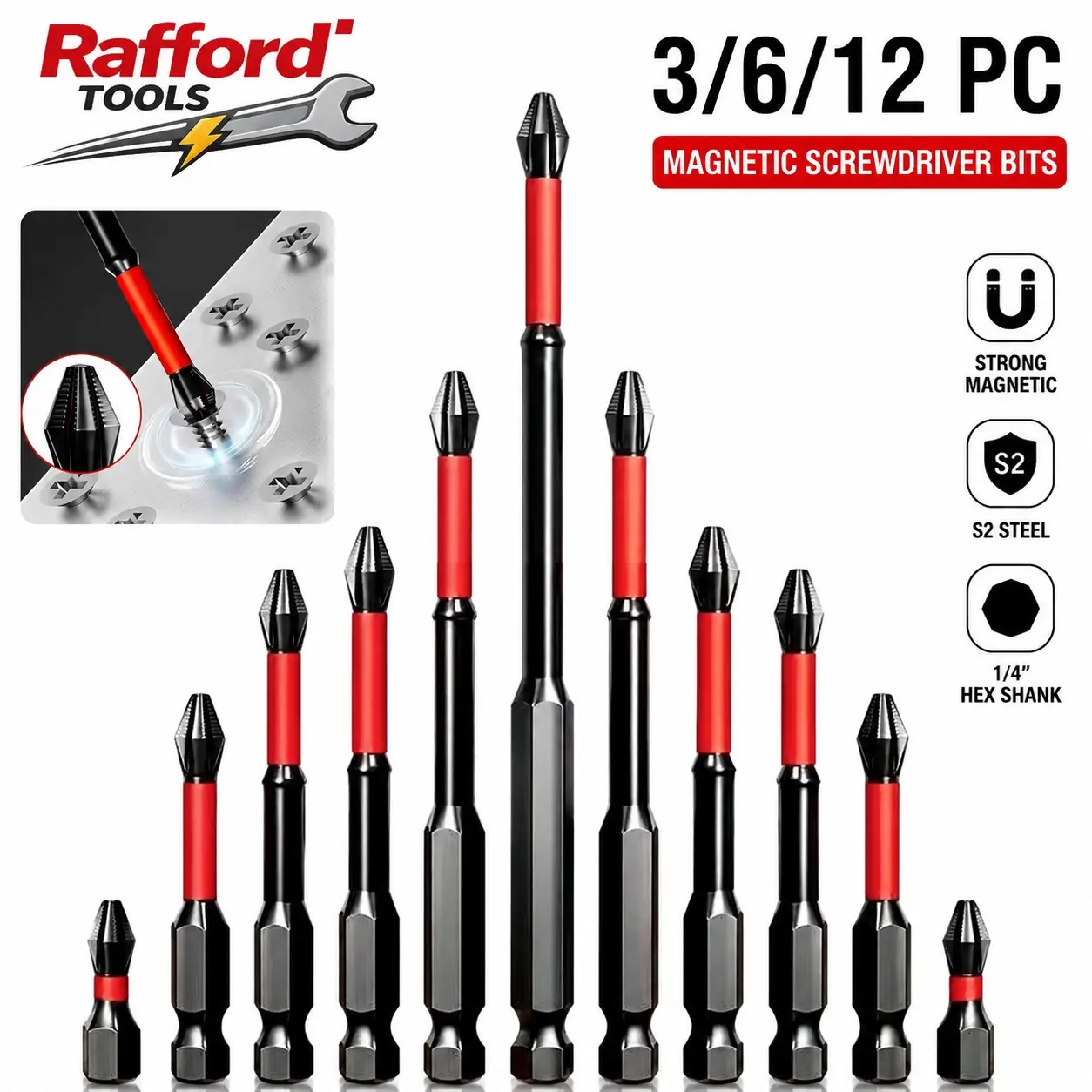 Magnetic Anti-Slip Drill Bit Set (3/6/12 Pieces), S2 Steel Material, Cross Head & Impact Bits, Suitable for Electric and Manual Screwdrivers, Non Slip Bit