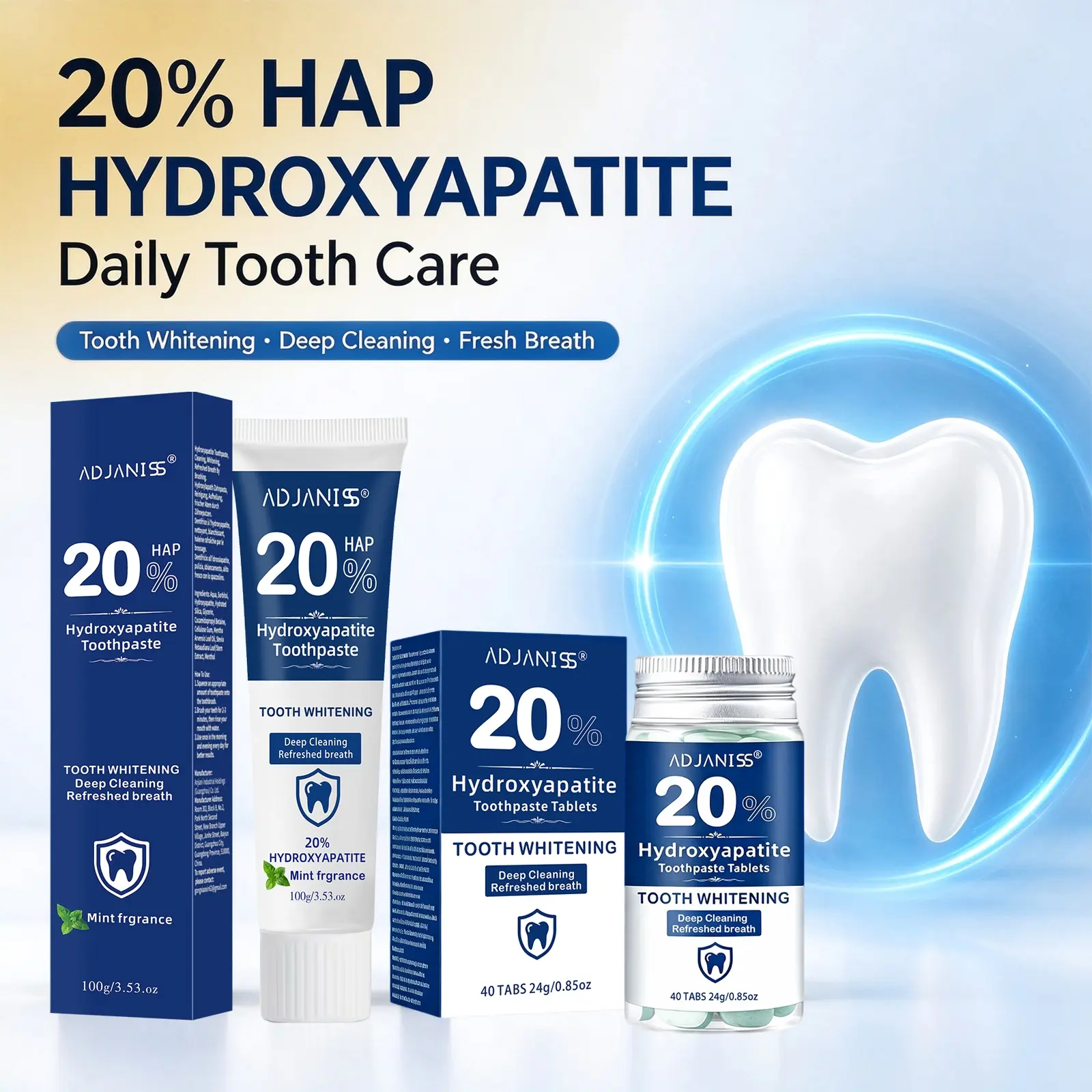 20% Hap Hydroxyapatite Toothpaste + 20% Hap Solid Teeth Whitening Tablets, Mint Scented Oral Care Kit, Daily Dental Health Set, Teeth Whitener