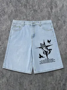 Men's Prayer Hand Cross Dove Print Jeans, Loose Straight Fit, Light Blue Washed Soft Denim, American Vintage Religious Style, Summer Streetwear Shorts