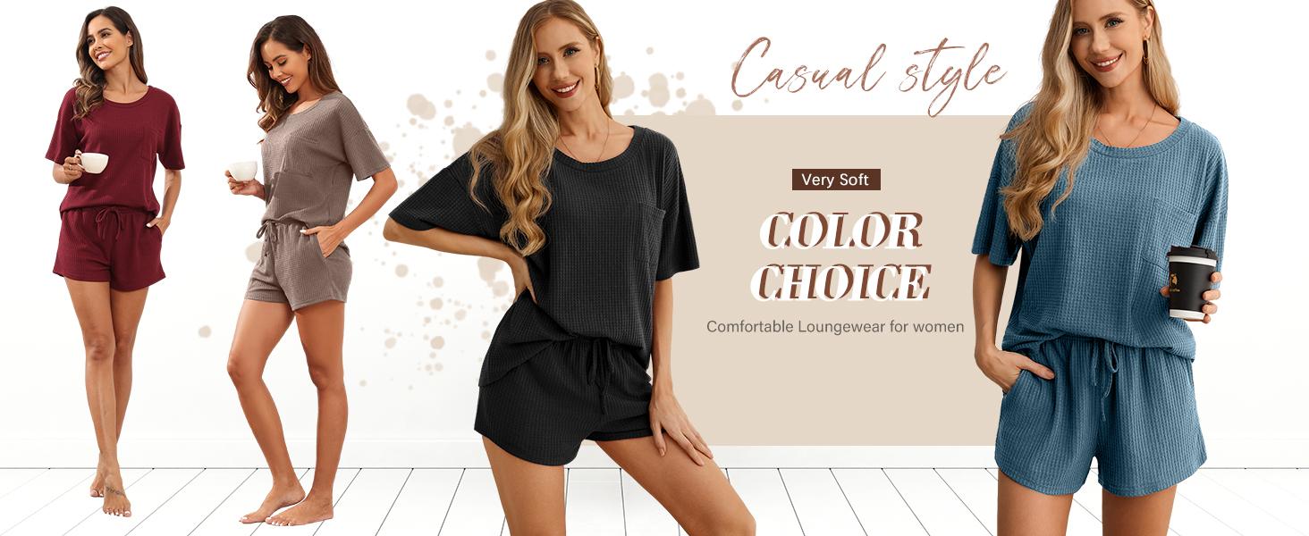 Women's Waffle Knit Loungewear Set 2-Piece Casual Sportswear with Pockets
