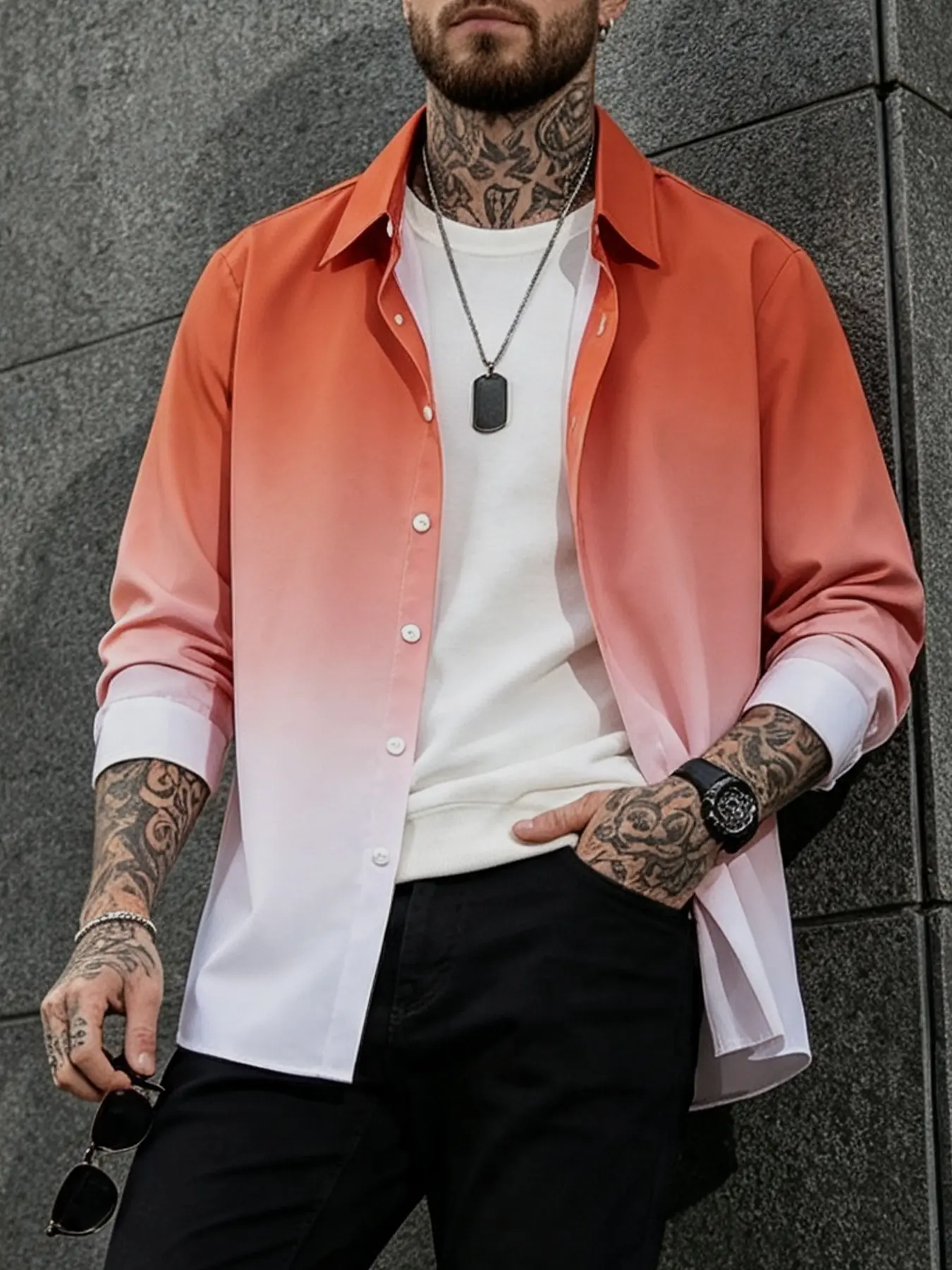 Men’s Orange Pink Gradient Long Sleeve Lapel Shirt For Autumn Winter, Smooth Drape Fabric Loose Button Down Casual Shirt, Ombre Gradient Color Design, Suitable For Wearing Alone Or Layered Under Sweatshirt & Sweater, Trendy Versatile Long Sleeve Top For D