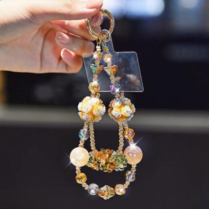 Heavy-duty glass crystal bead DIY pendant, sparkling gemstone double-chain detachable accessory for phone and bag