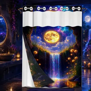 1 Pc Hookless Double Layer Shower Curtain, Magical Starry Waterfall and Moon Print, Machine Washable Waterproof Mildew Resistant Fabric, Mystical Nature Home Bathroom Decor, Removable Snap-in Liner, Top See-Through Curtain, Bathroom Divider - 71"×74"