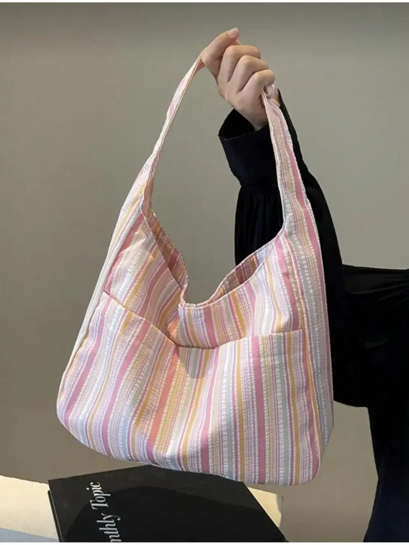 Large Capacity Women Cloth Tote Bag, Shoulder Bag, Casual Stripe Fabric Handbag, Canvas Tote Handbag , Pink , Beach ,Beach Bag, Beach Tote Purse