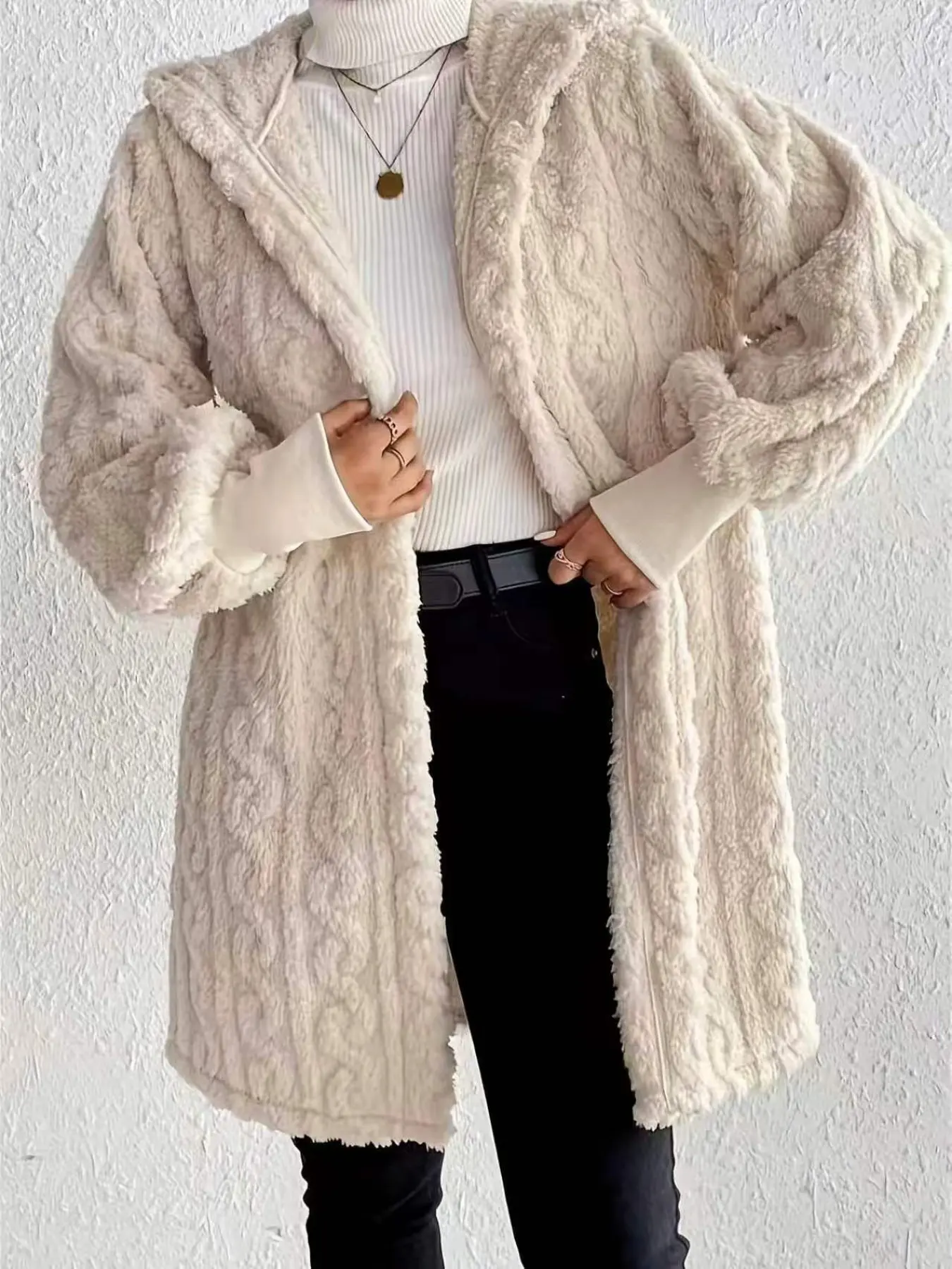 Hooded Double-Sided Fleece Sleeve Ribbed Long Casual Warm Jacket, Cozy Outerwear for Cold Weather, Stylish and Comfortable Design