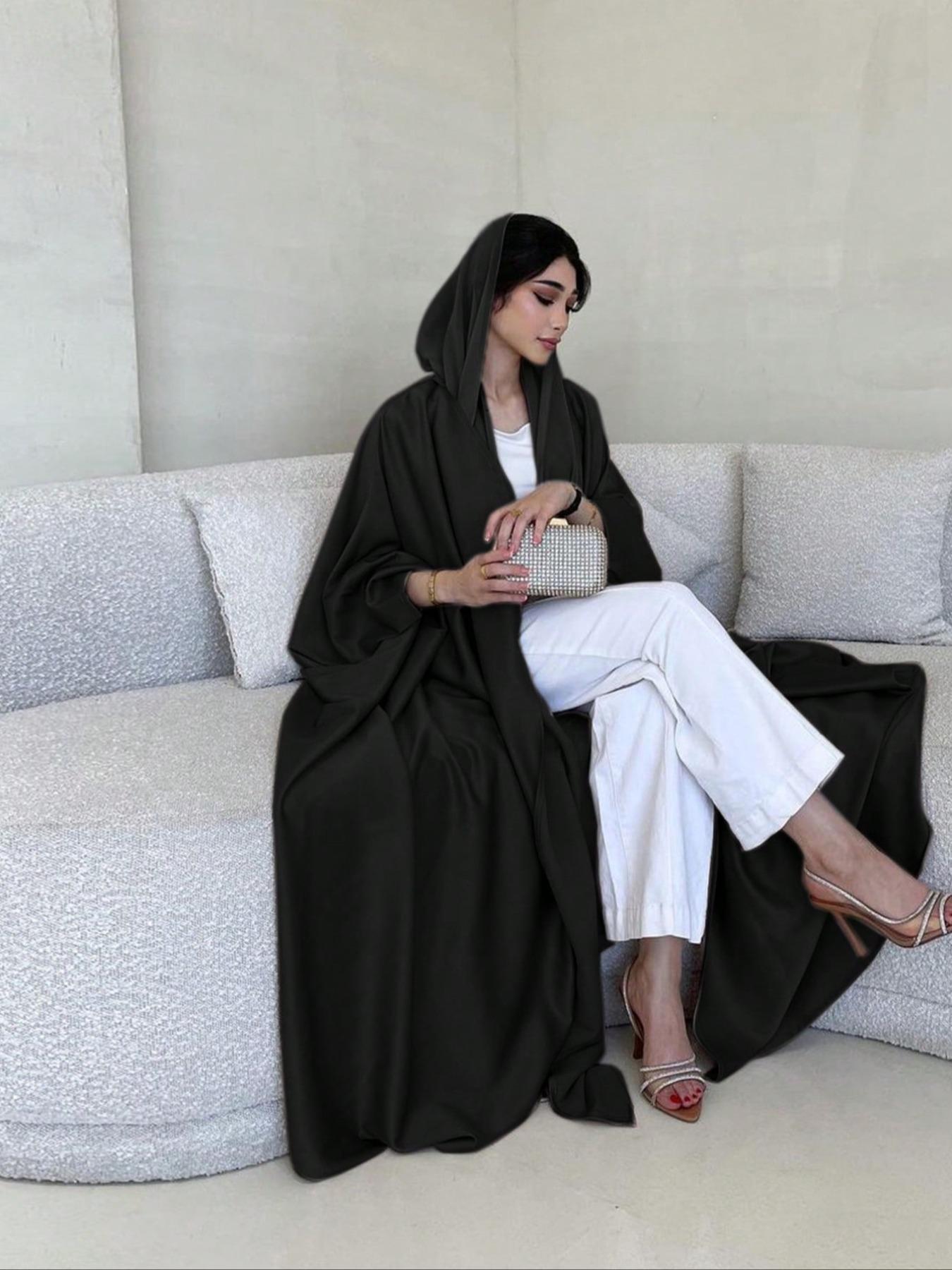 Women's Solid Batwing Sleeve Satin Abaya, Modest Fashion Long Sleeve Open Front Muslim Robe for Daily Wear, Ladies Islamic Clothing for All Seasons, Islamic Modesty Clothes