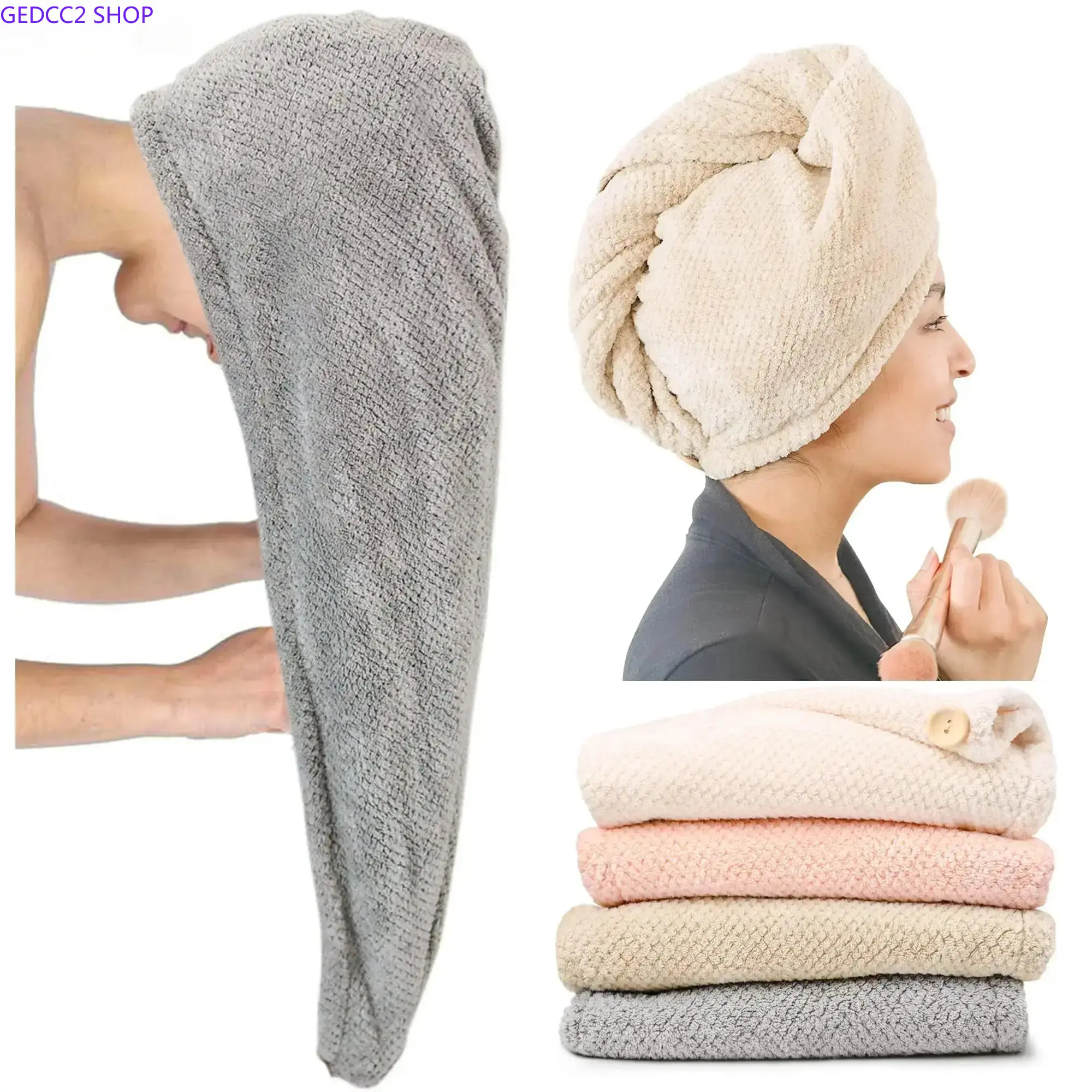 4-Pack Extra Large Microfiber Hair Towel Wrap for Women, Super Absorbent Quick Dry Hair Towels with Button Closure, Anti-Frizz Hair Turbans for Curly, Long, Thick & Short Hair