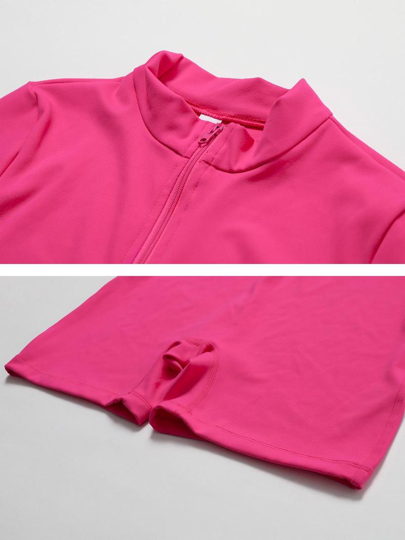 Women's Solid Zip Up Romper, Casual Comfy Long Sleeve Short Jumpsuit for Yoga Gym Workout, Ladies Sportswear for All Seasons