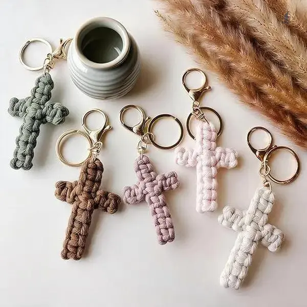 Boho Hand Woven Macrame Cross Keychain, Soft Fabric Cross Hanging Ornament, Decorative Car Pendant Handbag Charm, Lovely Holiday Gift for Women Girls
