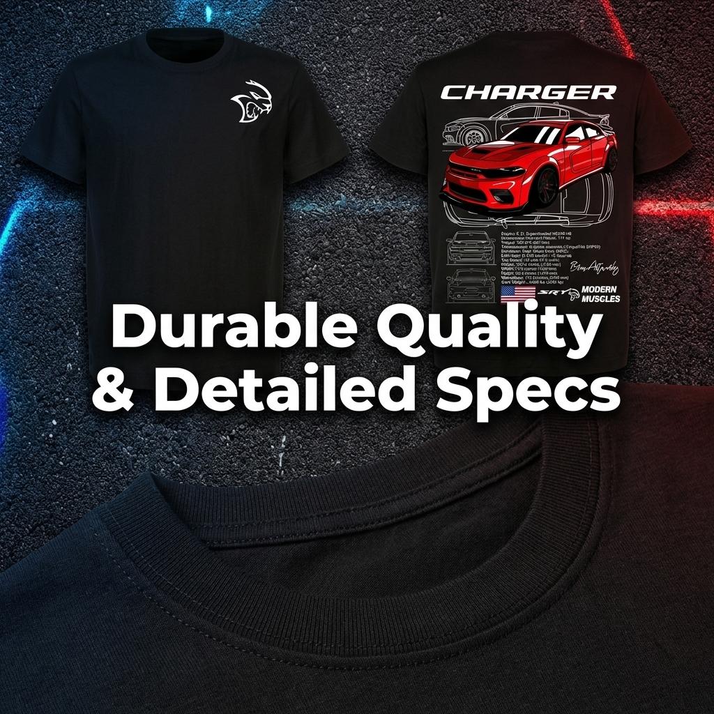 Dodge Charger Hellcat Red T-Shirt – Red Muscle Car Graphic Tee with Blueprints and Specs, Modern Mopar Streetwear Top Menswear Car Enthusiast Gift For Men, Father's Day graphic t-shirts  Sports T-shirt, regular fit, casual and stylish T-shirt