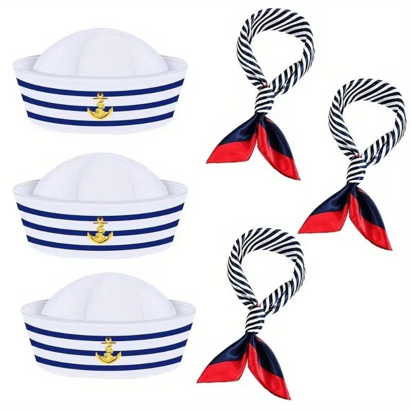 3 Piece Sailor Hat and Scarf Set, Classic Nautical Style, Gold Anchor Hat, Striped Scarf, Boat Party Props, Adult Accessories