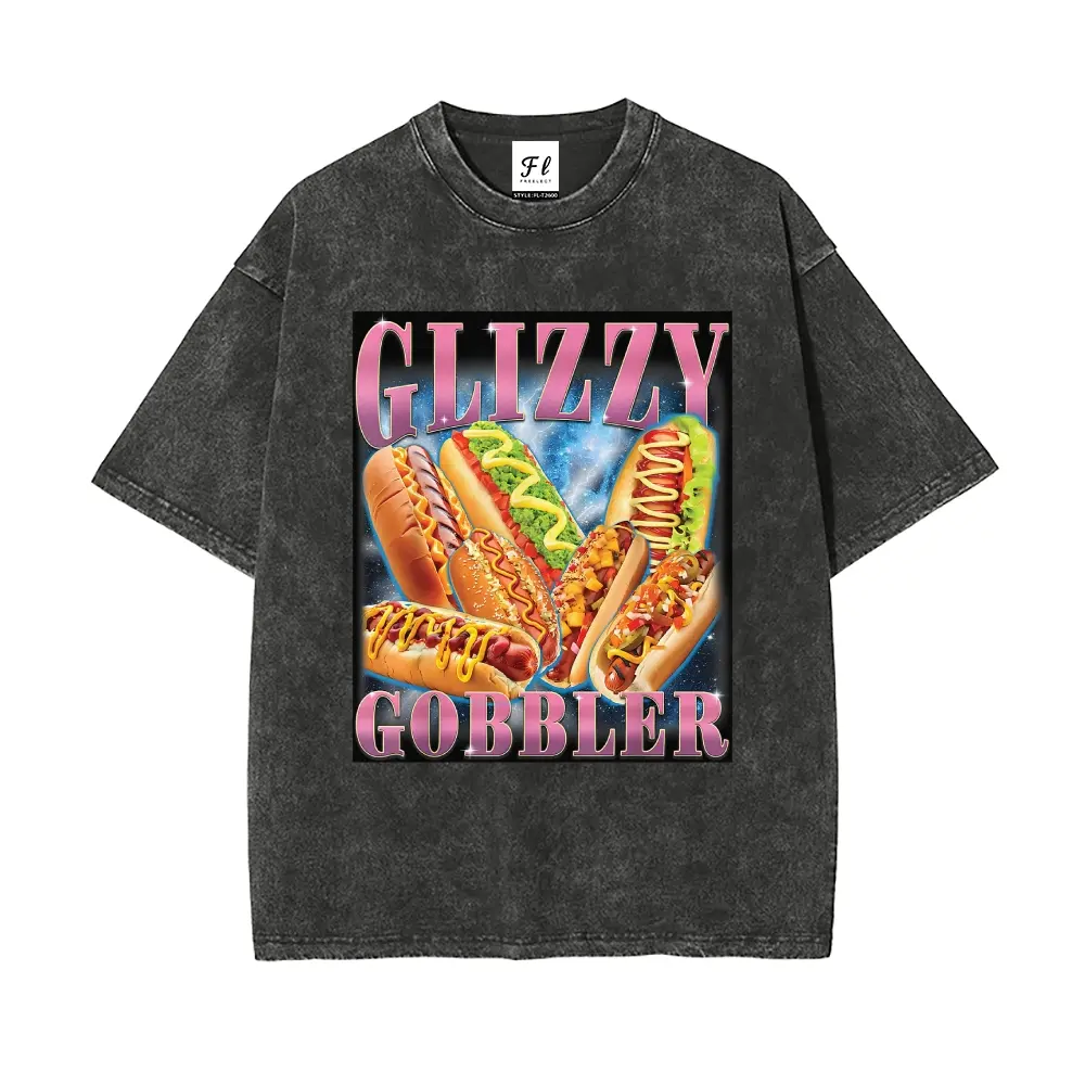 Unisex GLIZZY GOBBLER Barbecue, hot dogs and fast food Graphict Washed T-Shirt Personalized Pattern Y2k Clothing Round Neck Washed T-Shirt,Women's Clothing 100% Cotton, Menswear, Top, Vintage Style,Summer Casual Oversized