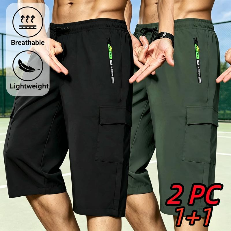 Men's 2-Pieces Sporty Workwear Shorts - Lightweight, Breathable Summer Style, Adjustable Drawstring, Large Pockets, Loose-Fit Cut, Suitable for Outdoor Sports, Adjustable Draw, Two-Pieces