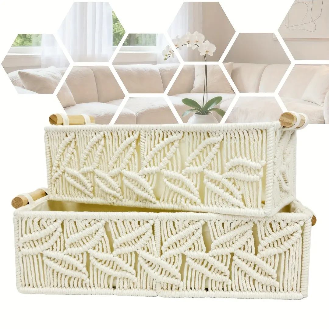 2pcs Bohemian Handmade Macrame Storage Basket Set with Handles - Multipurpose Organizer for Food, Jewelry, Skincare, Cosmetics & Clutter - Ideal for Bathroom, Bedroom & Living Room Shelf, Shelf Baskets