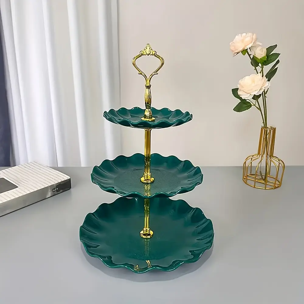 1 3-layer plastic cake stand with gold handle, Cake pedestal stand - wavy edge design, suitable for displaying desserts at weddings, birthdays, tea parties - durable, non-electric, ideal for decorating services, cake decorating supplies (multiple colors)