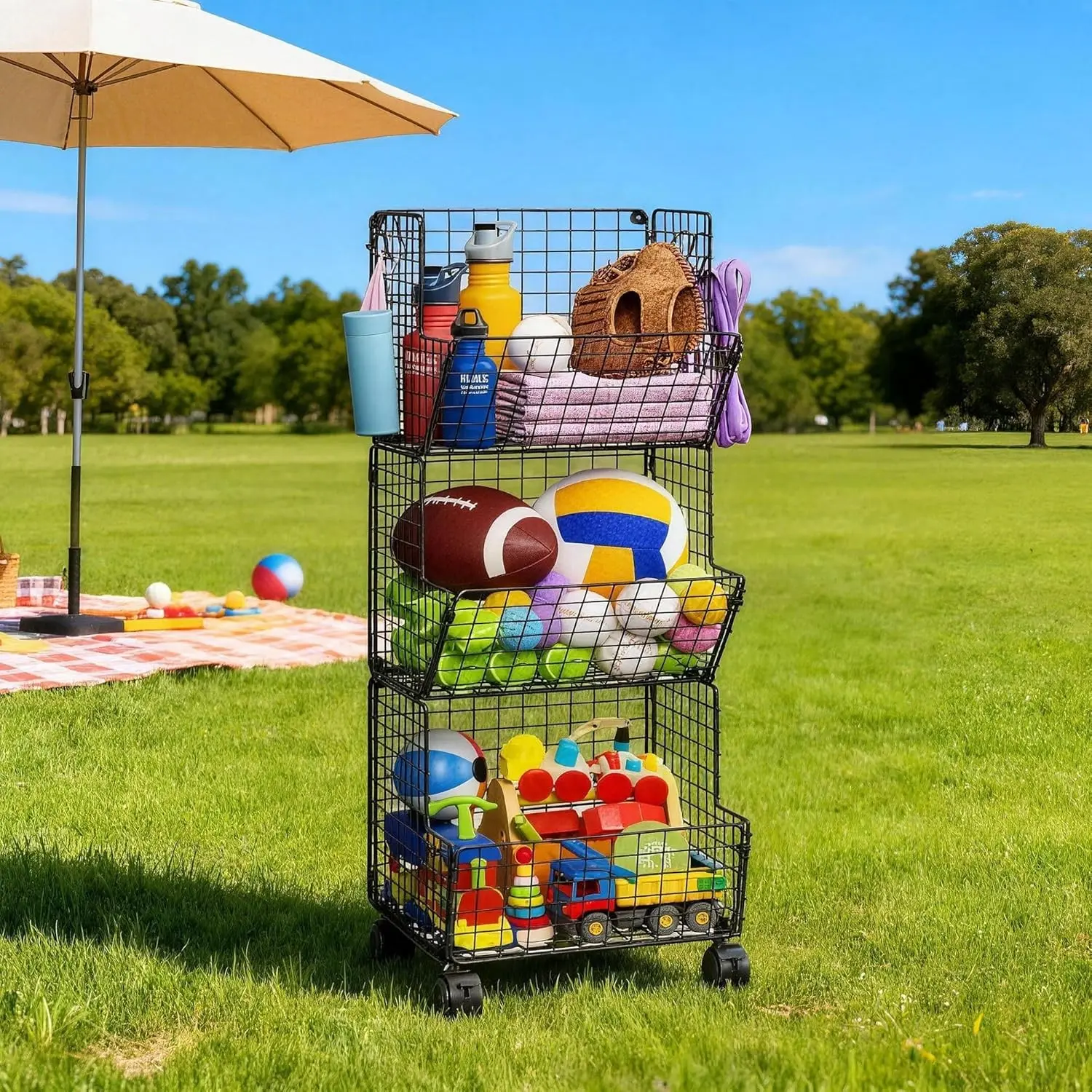 Outdoor Toy Storage Basket, Play Kitchen Organizer with 5 S-Hooks,3 Tier Rolling Storage Cart Garage, Pantry Floor Snack Cart with Wheels,Toy Shelf Dog Storage Organizer Kids Bookshelf