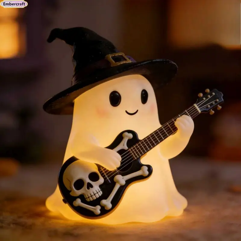 Viral Aesthetic Ghost Playing Guitar Night Light, Cute Halloween LED Table Lamp with Soft Warm Glow, Spooky Desk & Bookshelf Decor, Cozy Bedroom Reading Light, Halloween Party Decoration, Fall Home Decor Gift Idea, Table Lamps