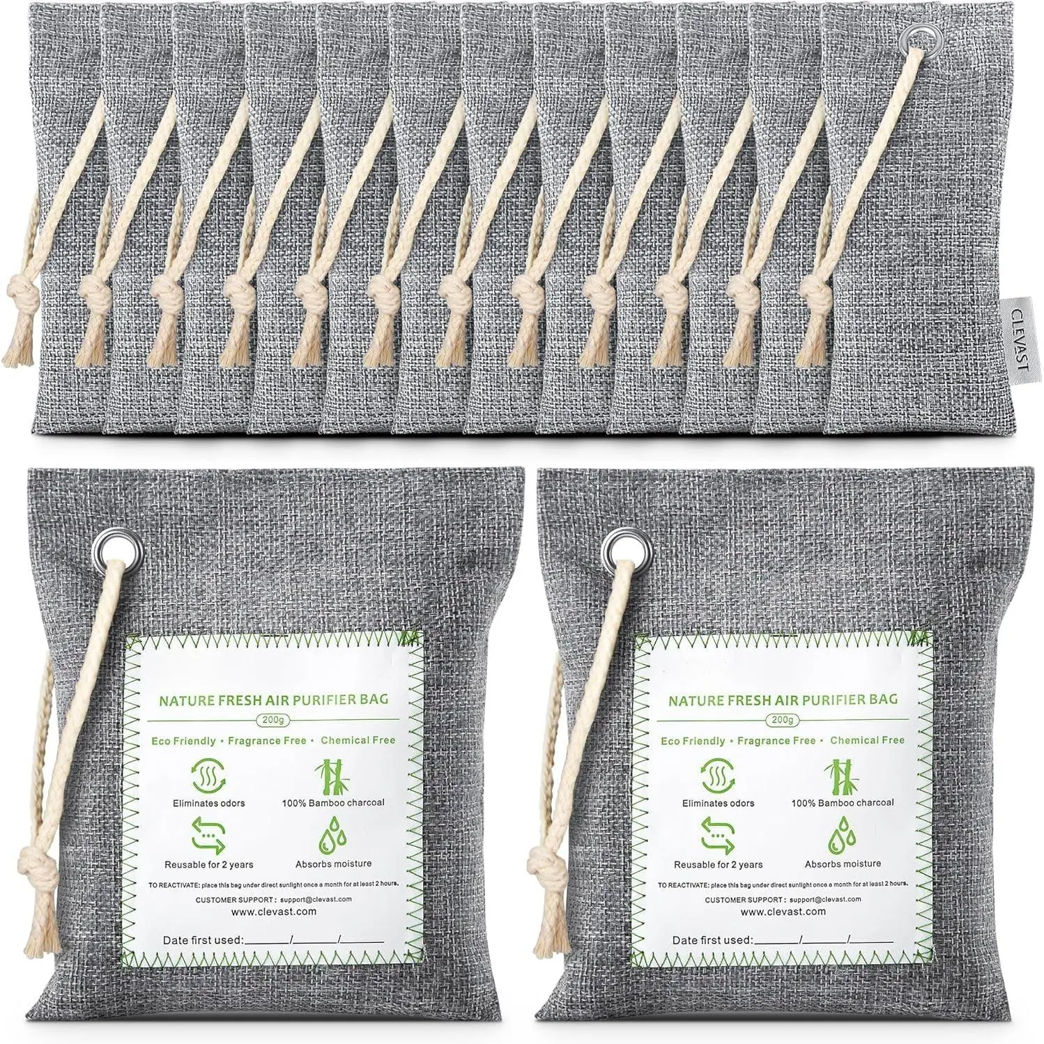 14-Pack Activated Bamboo Charcoal Air Purifying Bags (2x200g, 12x50g) - Natural Odor Absorber, Deodorizer, Moisture Eliminator, Natural Fresh Solution That Fits Home for Indoor Recreation Use