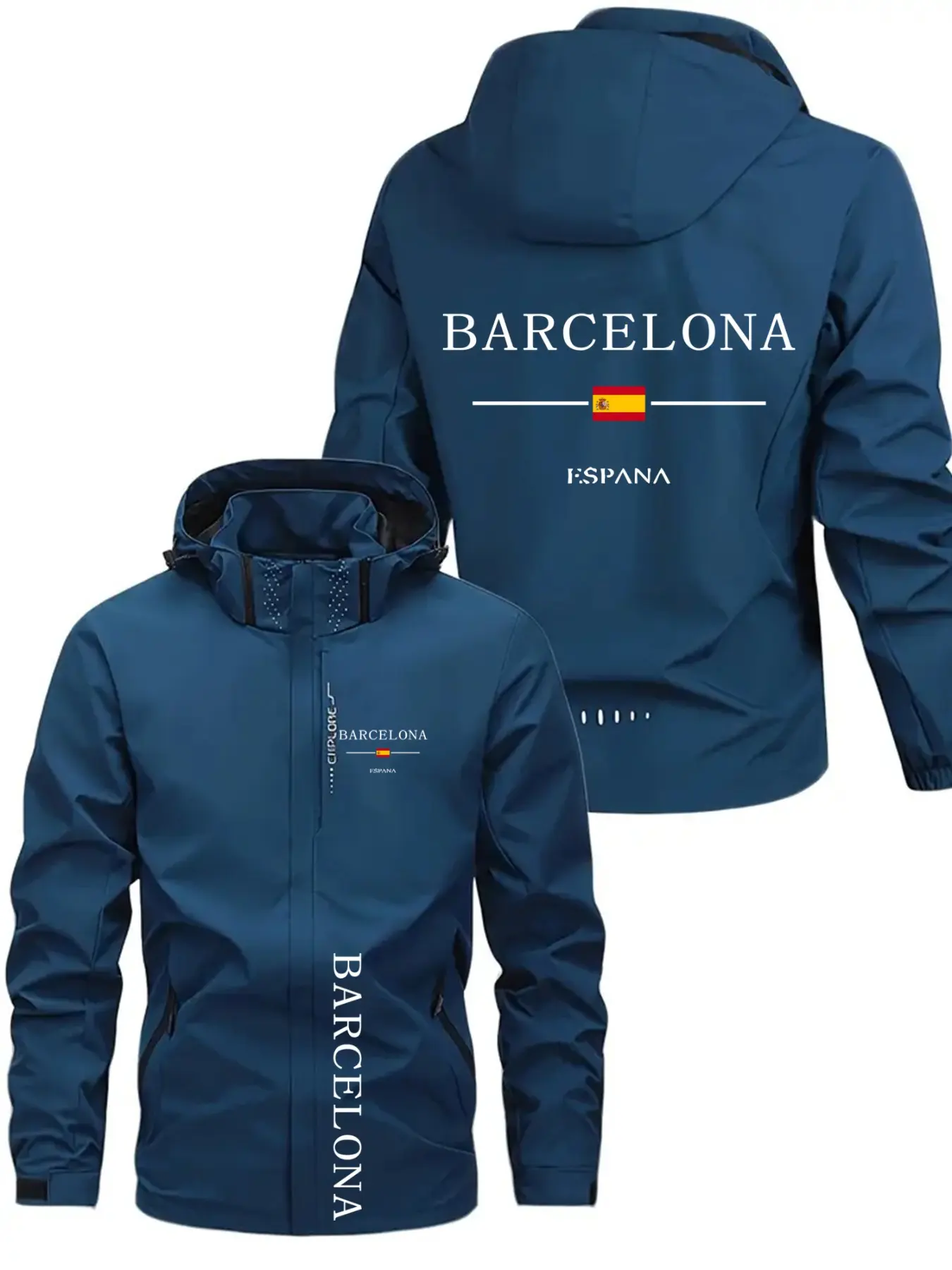 Men's Pilot Jacket with Barcelona Flag Logo, Fashion Zip Pocket Print Design, Casual Hooded Outerwear Coats for Spring and Fall, Polyester Material