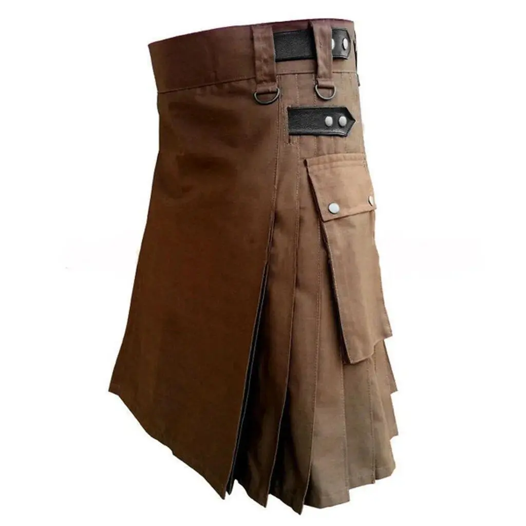 Men's Gothic Utility Kilt, Mid-Length Pleated Cotton Knit with Cargo Pockets, All Seasons Punk Style, Multi-Size, Hand Wash Cold, Pocketed Skirt
