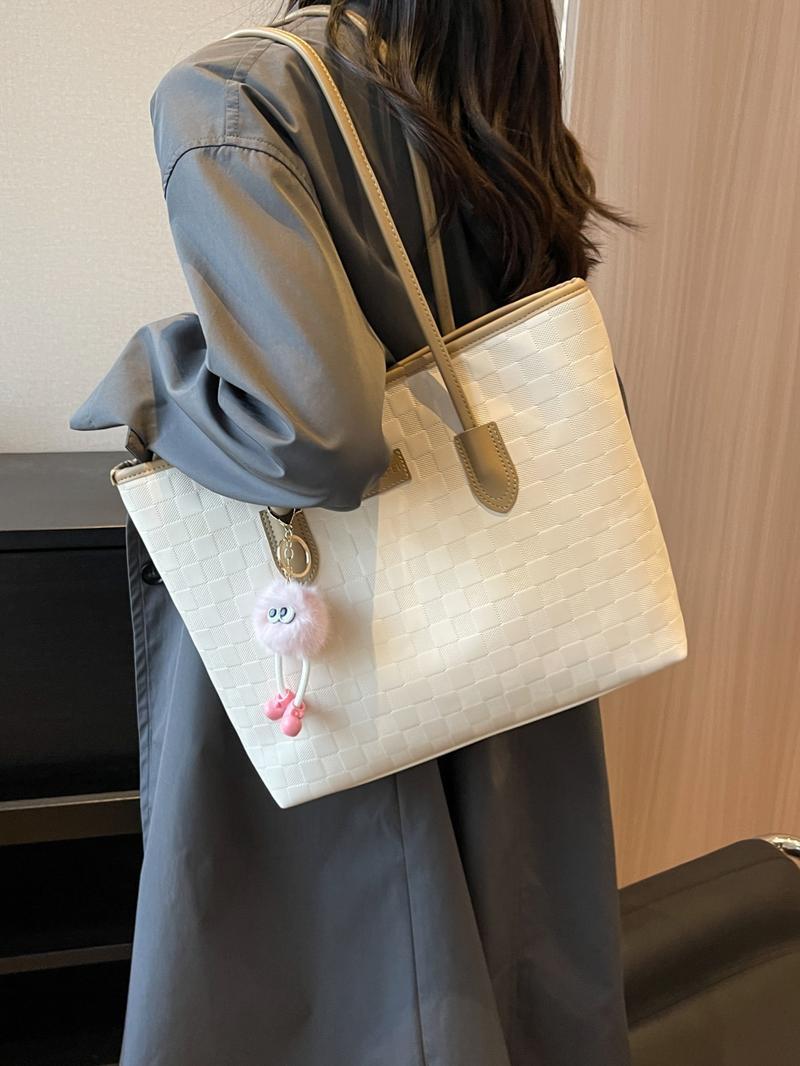 Women's Checkered Embossed Large Capacity Tote Bag, Cute Pom Pom Keychain, Zipper Closure, Versatile Daily Shoulder Bag for American Fashion Lovers