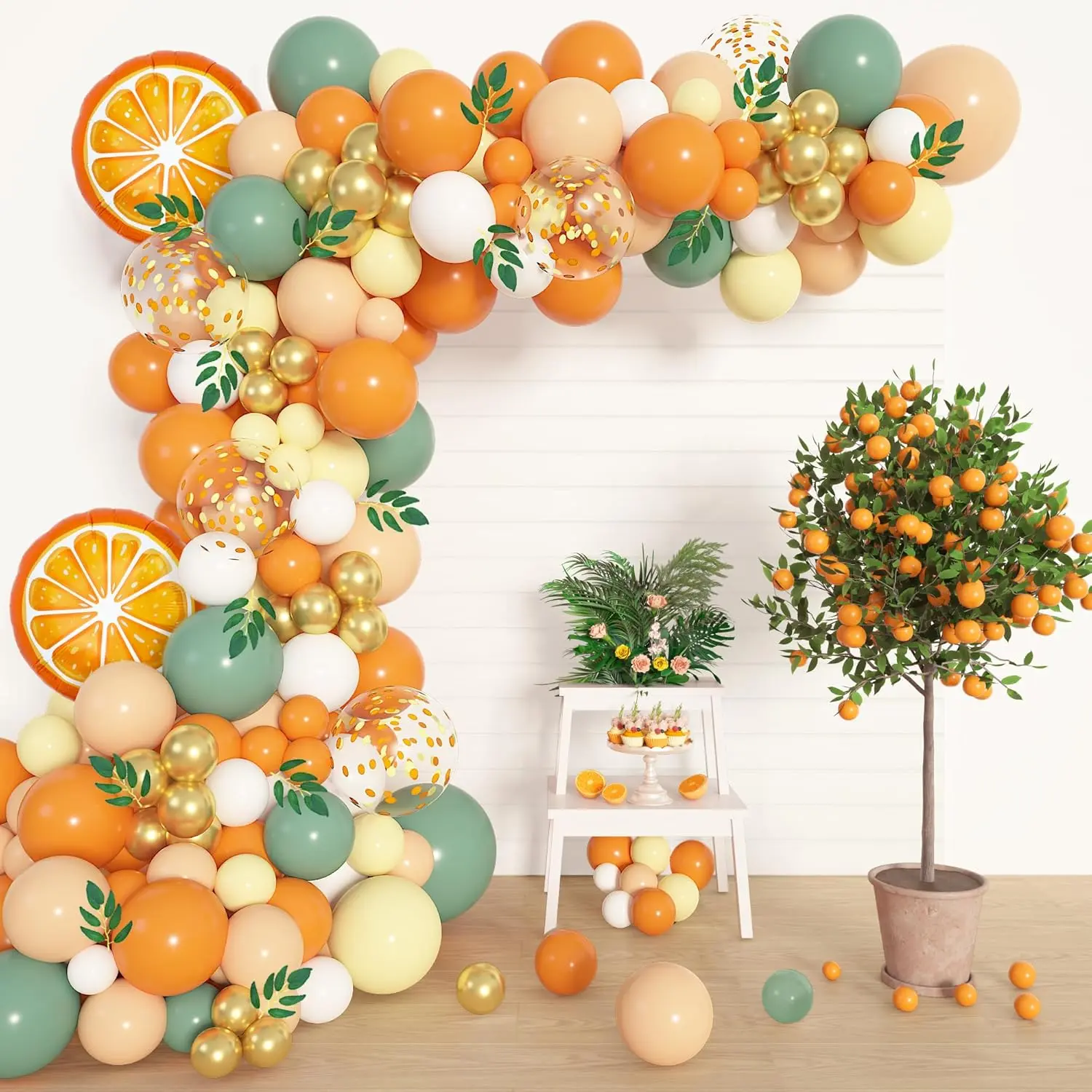 151pcs Fruit Theme Party Balloon Arch Garland Kit - Yellow, Sage Green, Metallic Orange Balloons, Willow Leaves for Birthday Photo Shower Decorations (Home & Festive Party Supplies), Balloon Decor, Gender Reveal Balloons
