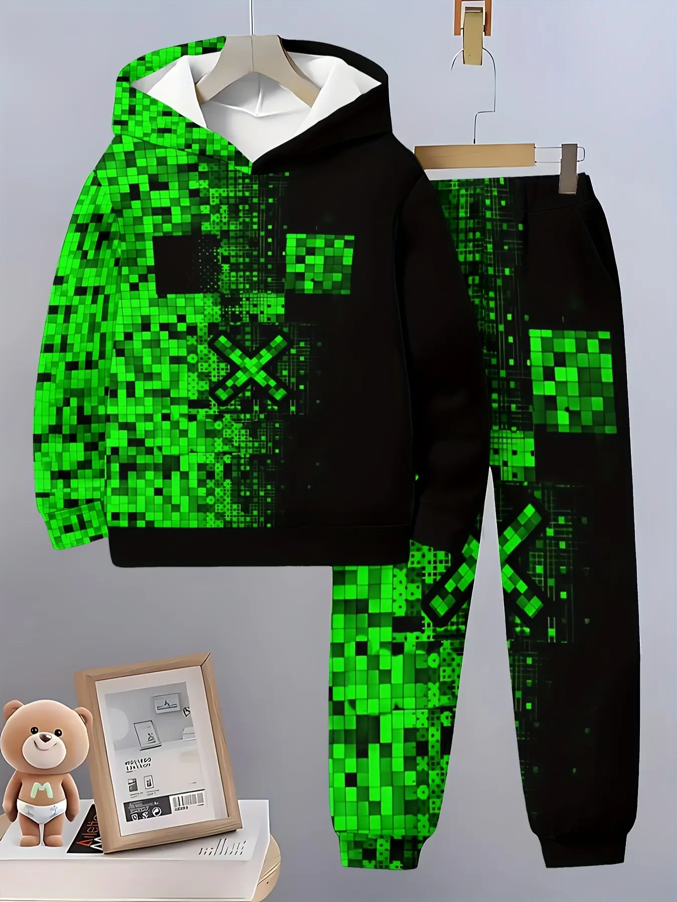 Hooded Sports Set, 5 Pixel Graffiti Gradient Prints, Boys' Daily Street Style Sweatshirt and Pants Two-Piece Set