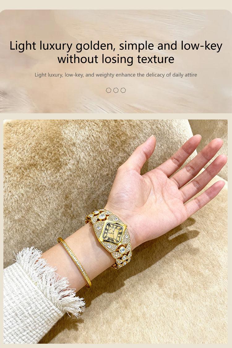 Women's Luxury Gold Iced Out Diamond Bracelet Watch - Square Mother of Pearl Dial with Roman Numerals, Fully Bling Crystal Encrusted Quartz Wristwatch, Perfect Gift for Her