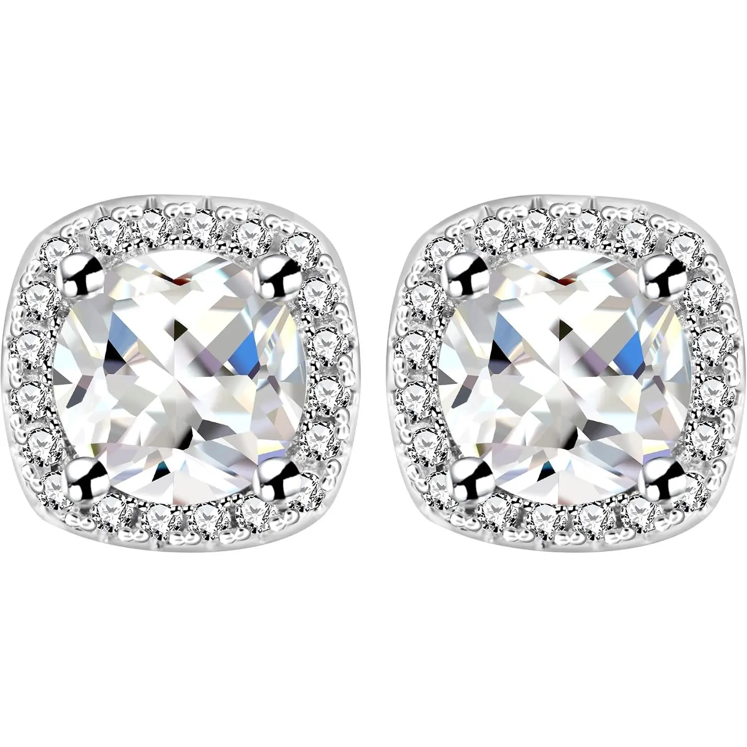 White  Plated 6.5mm Cubic Zirconia Stud Earrings Set Dainty Suqare Halo Studs Earrings for Women