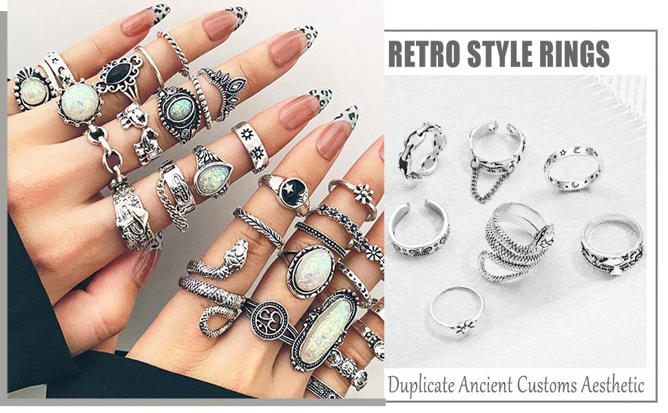 Vintage Silver Knuckle Ring Set, 42 Count Gothic Boho Adjustable Rings with Snake Skull Heart Designs, Y2K Punk Stackable Midi Rings for Women and Men
