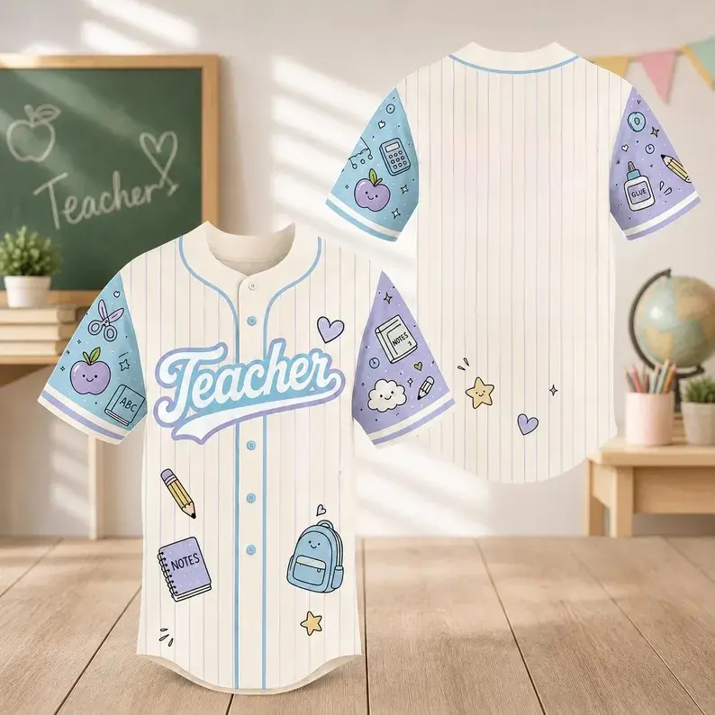 Pink & Blue Pinstripe Teacher Stationery Graphic Baseball Jersey, Cute School Supply Print Short Sleeve Button Top, Warm Teacher Appreciation Casual Outfit # Teacher Baseball Jersey # SchoolStaffTop # TeacherGiftOutfit # BackToSchoolCasualShirt