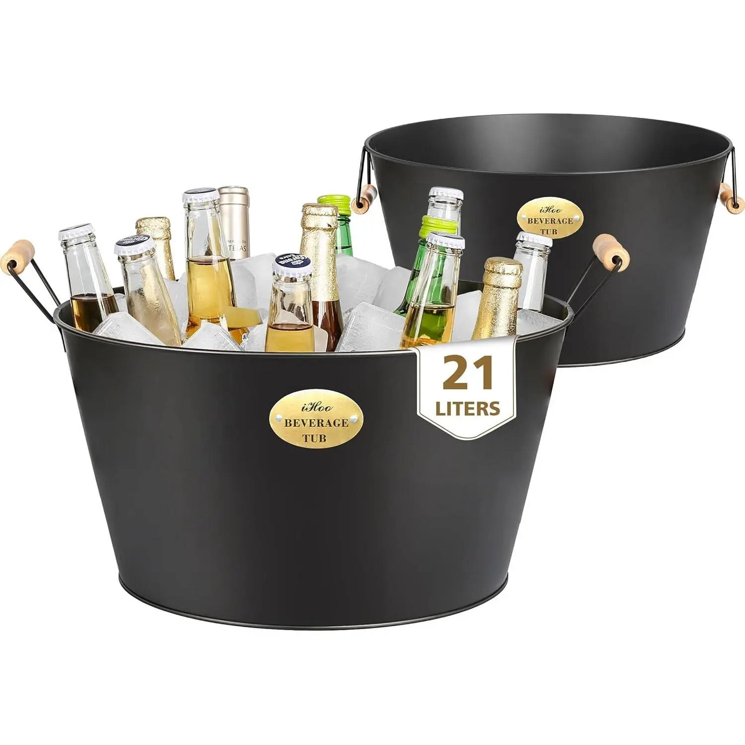 5.5 Gallon Large Beverage Tubs for Parties 2 Pack, 21L Ice Bucket with Wooden Handles for Beer, Wine, Cocktails & Outdoor Events -Black
