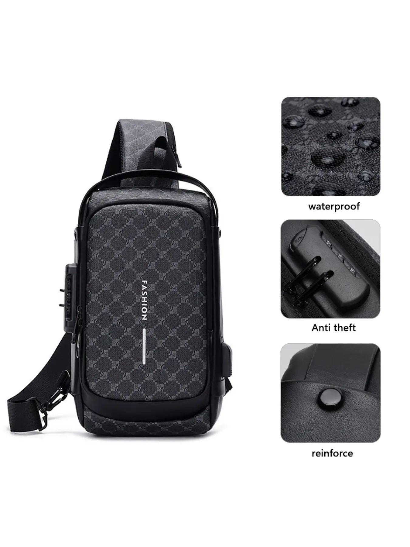 New Men's Chest Bag with Password Lock, Waterproof Crossbody Backpack, Large Capacity, Elegant Plaid Design, All Seasons, Waterproof Belt Bag
