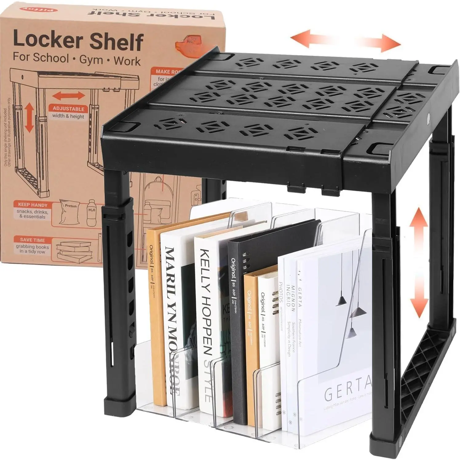Locker Organizer Shelf, Adjustable Width and Height, Stackable, Ideal Locker Shelf for School, Office, Gym Lockers, or Even Kitchen Cabinets & Under Sink Organization (Black 1 Pack)