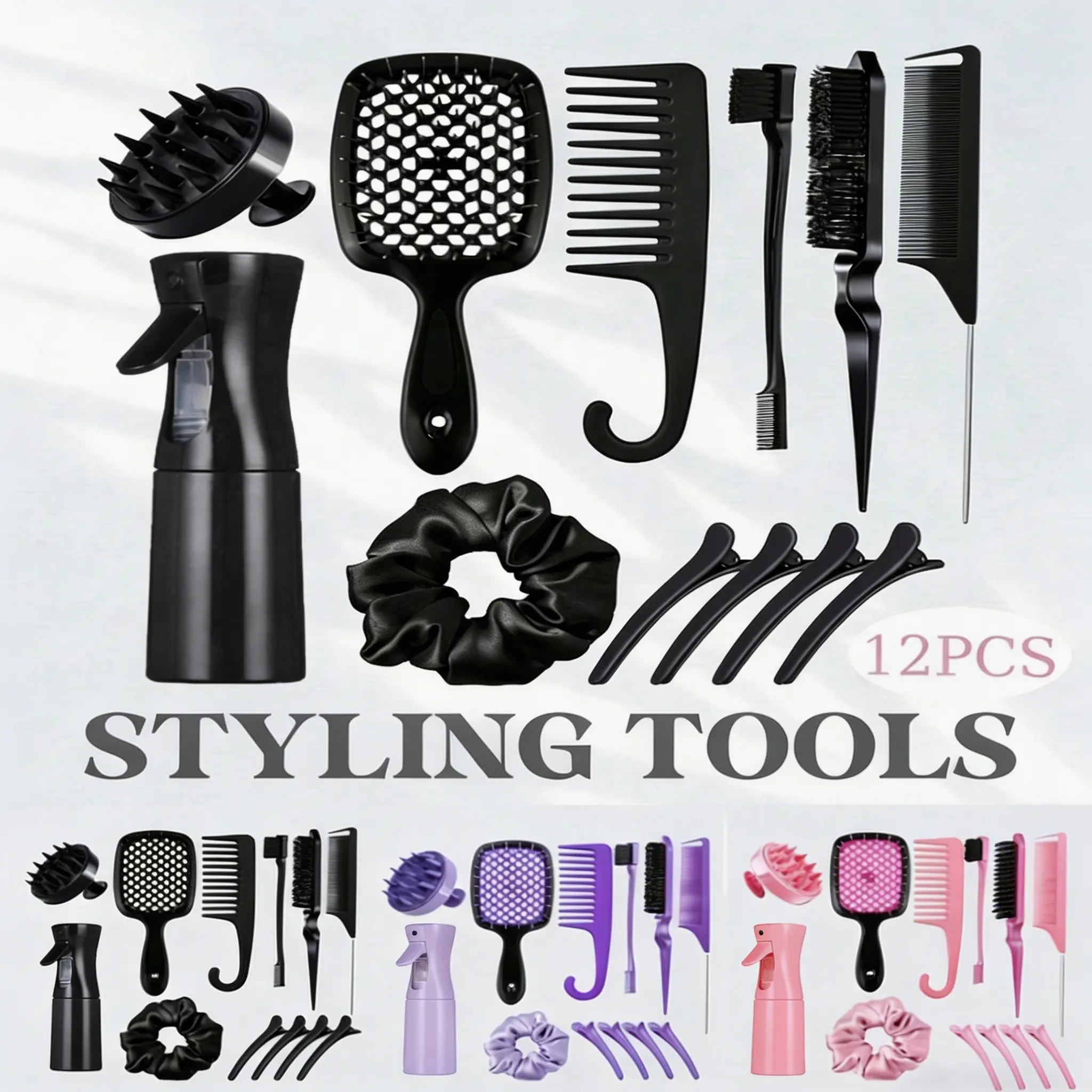 12 Pcs Hair Brush Set with Hair Spray Bottle , Detangling Brush for Tangle Free Hair, Wet Dry Curly Hair, including hair comb set, side comb, back comb, straightening comb, scalp massage comb, air cushion hair comb, wide-tooth comb, etc.