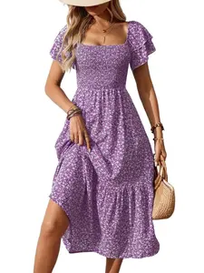 Women's Square Neck Ditsy Floral Print Casual Summer Dress, Short Sleeve Long Dress, Perfect for Vacation and Beach, Fashion Daily Wear