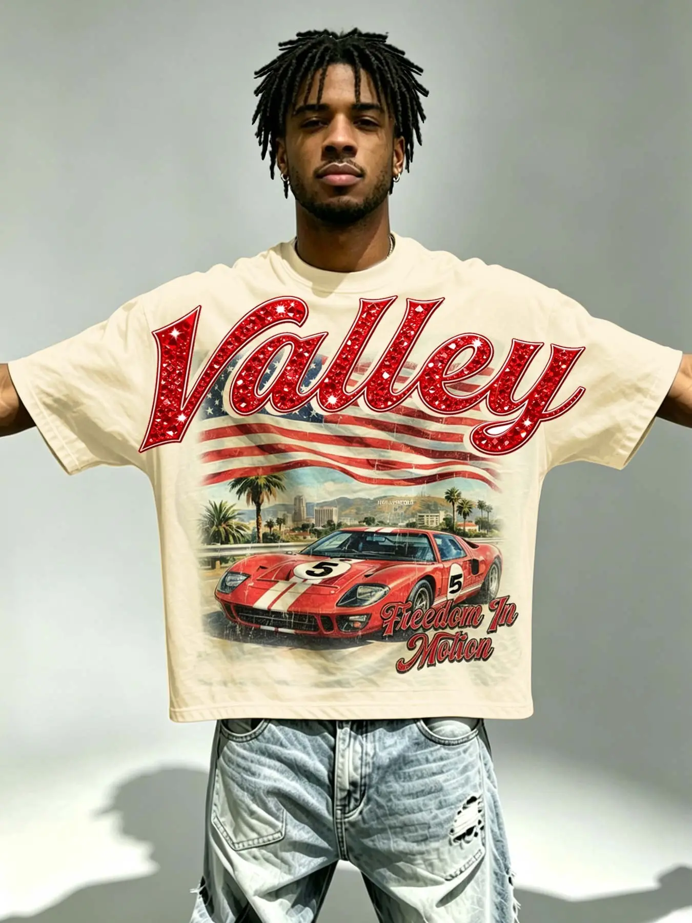 Valley men's short sleeved T-shirt Round Neck loose fit, Baggy, bat sleeve racing printed women's vintage car Valley slogan summer T-shirt American streetwear style racing clothing unisex brand