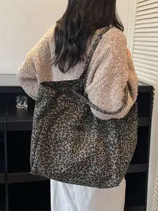 Vintage Leopard Print Tote Bag for Women, Large Capacity 2026 New Style, Casual Canvas Shoulder Bag, Commute School Handbag