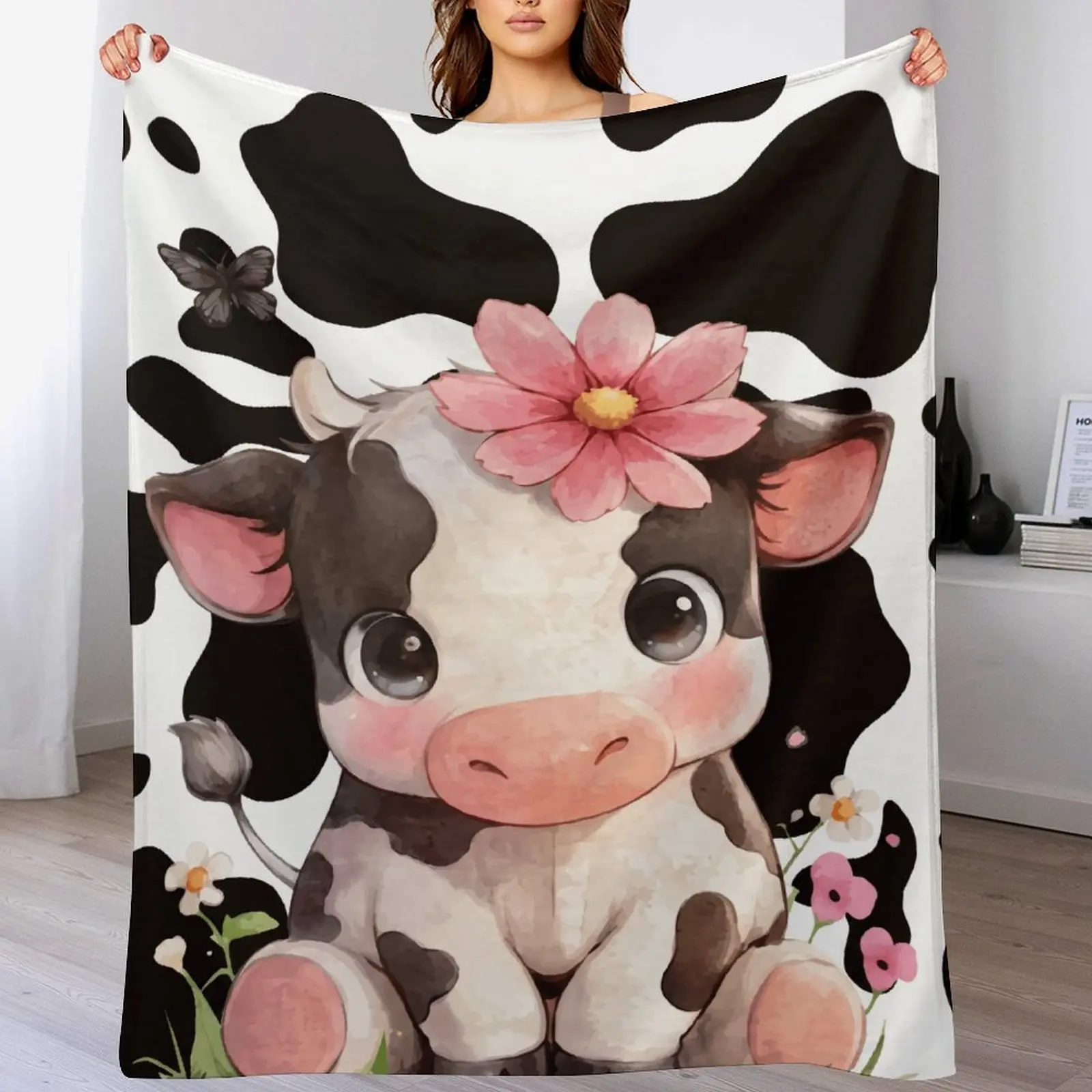 Cute Watercolor Baby Cow Flannel Throw Blanket, Soft Cozy Cow Print Blanket for Couch Bedroom, Farmhouse Cottagecore Home Decor Gift,Vintage