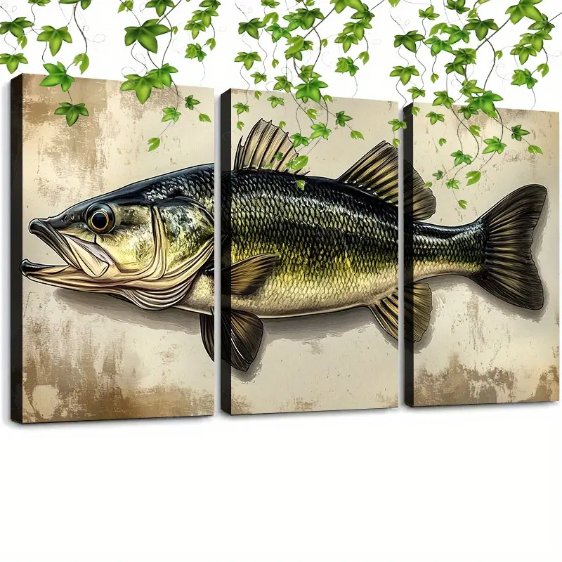Set Of 3 Bass Fish Canvas Wall Art Set, Rustic Fishing Poster Canvas Wall Art Framed, Abstract Painting Print Poster Aesthetic Wall Decor, Home Artwork For Living Room Bedroom Dining Room Kitchen Hallway Office, Ready To Hang Decorative Gift