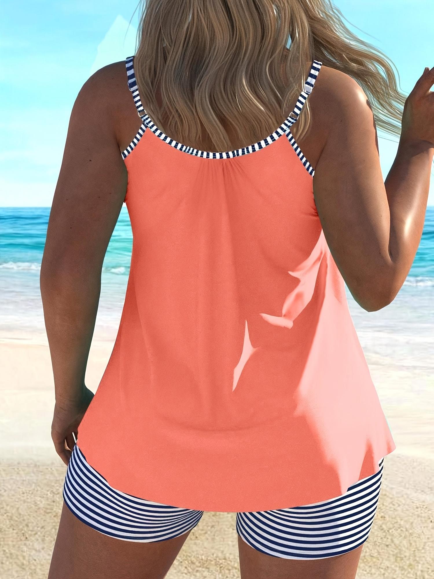 Flattering Tummy Control Striped Trim Tankini with Boy Shorts - Perfect for Beach Days, Pool Parties & Family Vacations |   2026 New Arrival Plus Size Swimwear That Hides Tummy, Family Approved Swim, Monokini Swimsuit Inspired Bathing Suits for Women cute