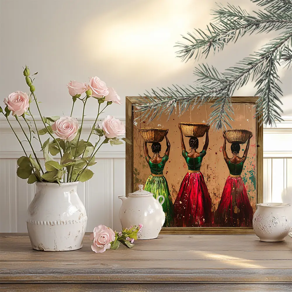 2D Flat - Vibrant Artwork Featuring African Women in a 2D Flat Style, This 8X8 Inch Oil Painting Comes in a Wooden Frame. It'S Perfect for Decorating Homes, Cafes, Living Rooms, Or Store Desks, Making It a Unique Holiday Gift