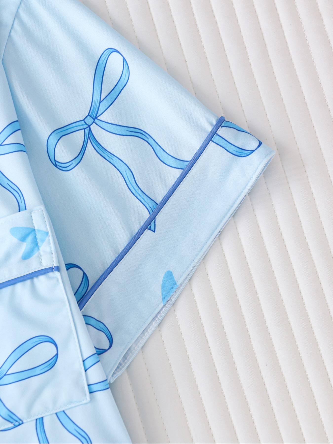 Women's All Over Bow Print Lapel Neck Pocket Shirt & Elastic Waist Shorts Pyjama Two-piece Set, Casual Comfy Short Sleeve Top & Shorts Pj Set, Pajama Sets Women, Ladies Sleepwear for All Seasons, Pajamas, Womenswear, Lounge Wear, Ribbon Pajamas