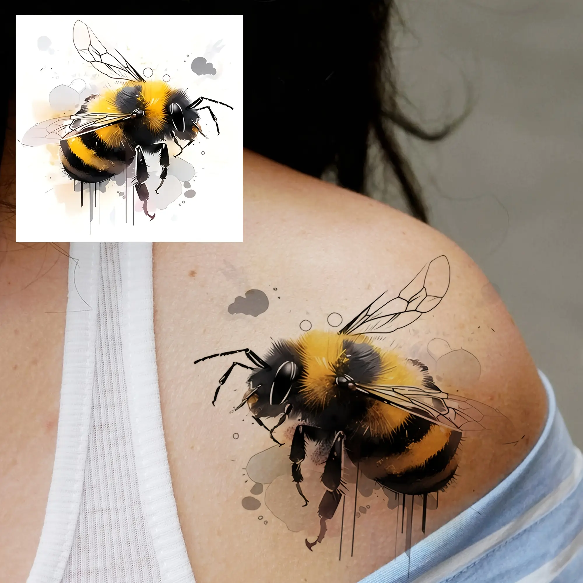 A 3D Watercolor Bee Temporary Tattoo Sticker Suitable for Adults, Can Be Applied to Areas Such As Hands, Neck, Waist, Shoulders, Ankles, And Half-Sleeve Arms.This Semi-Permanent Fake Tattoo Sticker Is Waterproof, Long-Lasting, And Realistic