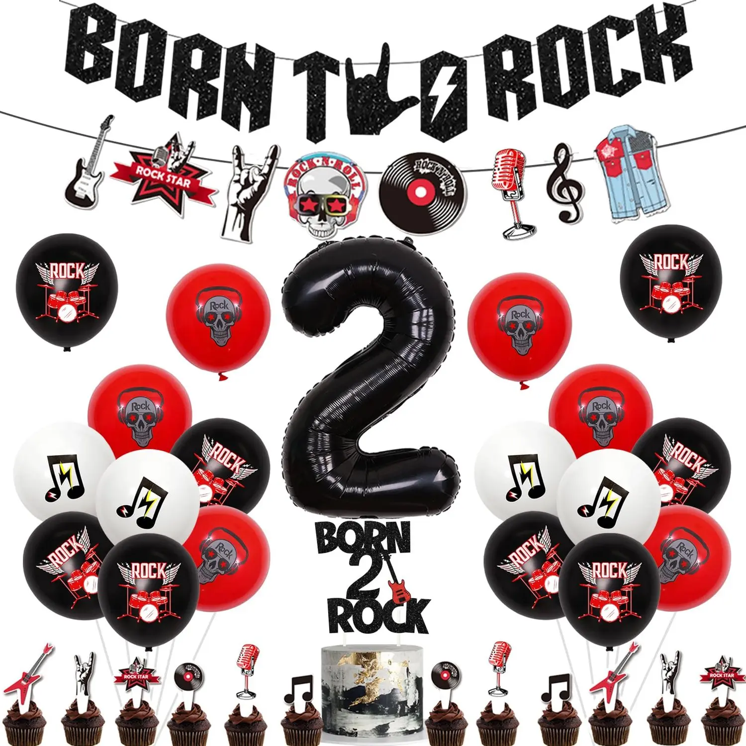 1Set Rock And Roll Party Decorations Red Black Rock n Roll 2anniversary Birthday Decors Born To Rock Banner Garland Cake Toppers Music Second Birthday Decors Rock 2 Years Old Bday Party Supplies