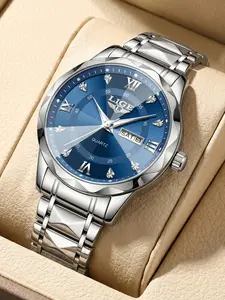 Lige Men's Quartz Watch with Rhinestone Prism Dial, Calendar Date, Butterfly Clasp Strap, Multiple Colors, Gift Box Packaging