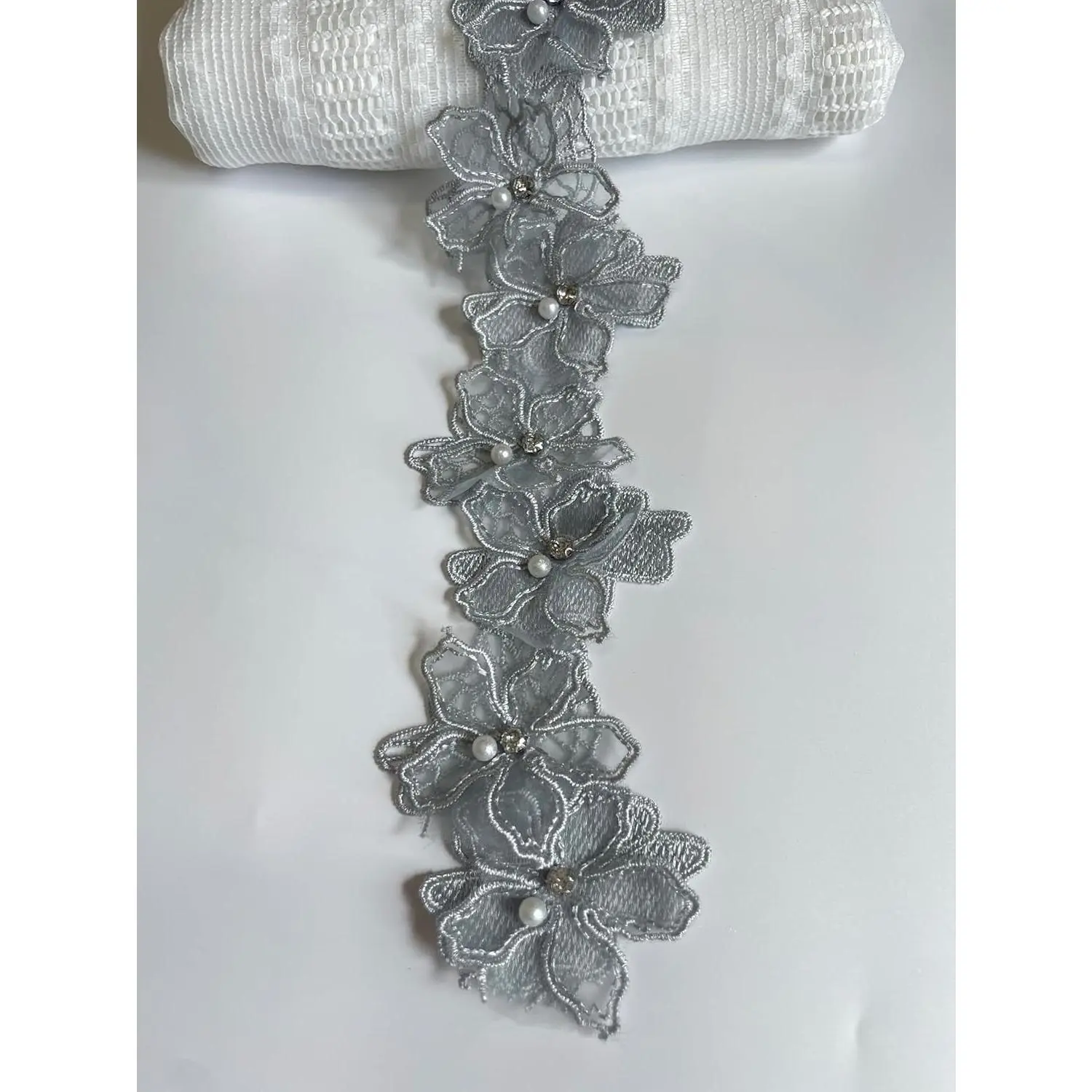 2 Yards 3D Pearl Beads Flower Lace Trim Ribbon Floral Applique Embroidered Lace Fabric for Sewing DIY Crafts (Grey)