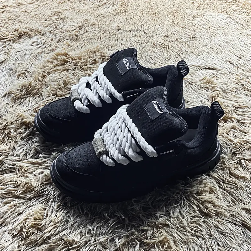 All Black Suede Mesh Platform Skate Sneakers for Men and Women, Oversized Chunky White Twisted Rope Laces with Cork Stopper, Minimal Y2K Hip Hop Low Top Casual Board Shoes